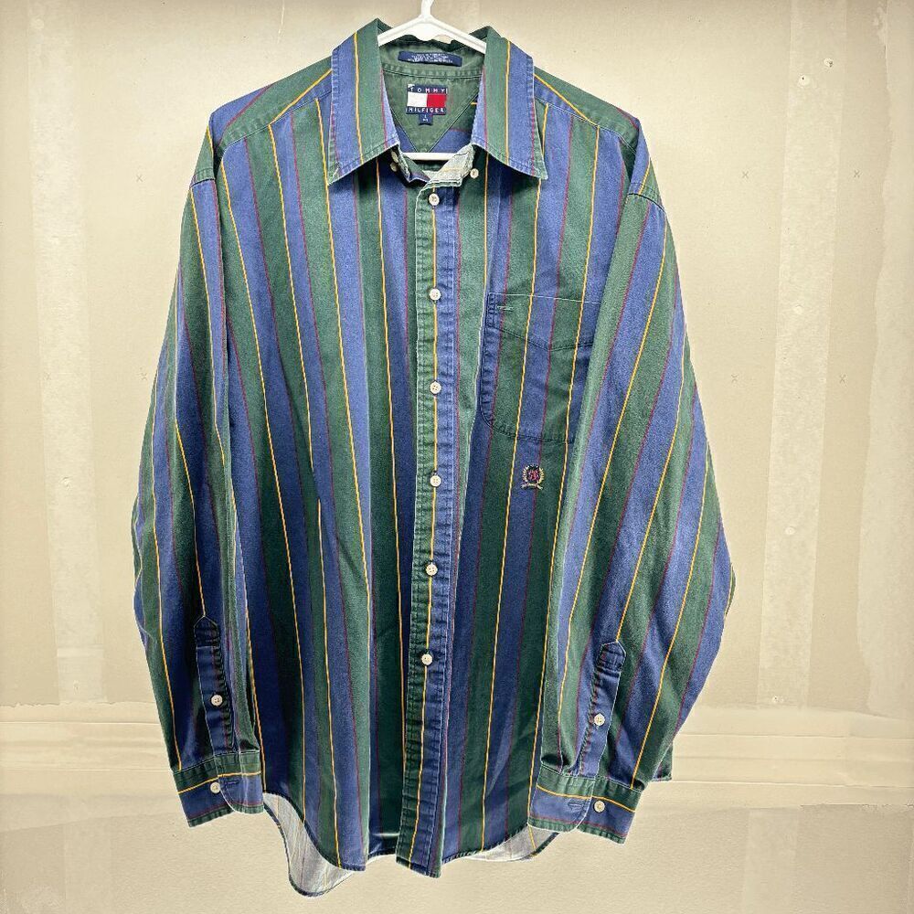 Tommy Hilfiger Long Sleeve Striped Blue‎ Green Button Shirt Classic 90s Vintage